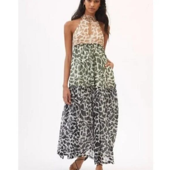 Anthropologie Maeve Keyhole Animal Print Halter Maxi Dress Tiered Large Boho - Picture 1 of 11